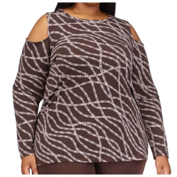 Michael Michael Kors Plus Size 3X Chain-Print Cold-Shoulder Top - Chocolate - Picture 2 of 12